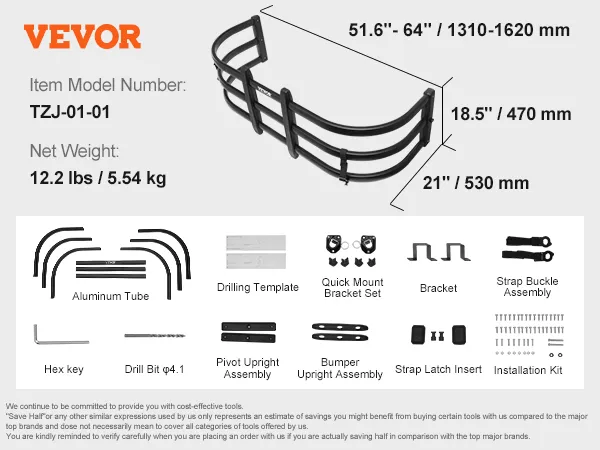 VEVOR truck bed extender with aluminum tubes and installation kit components.