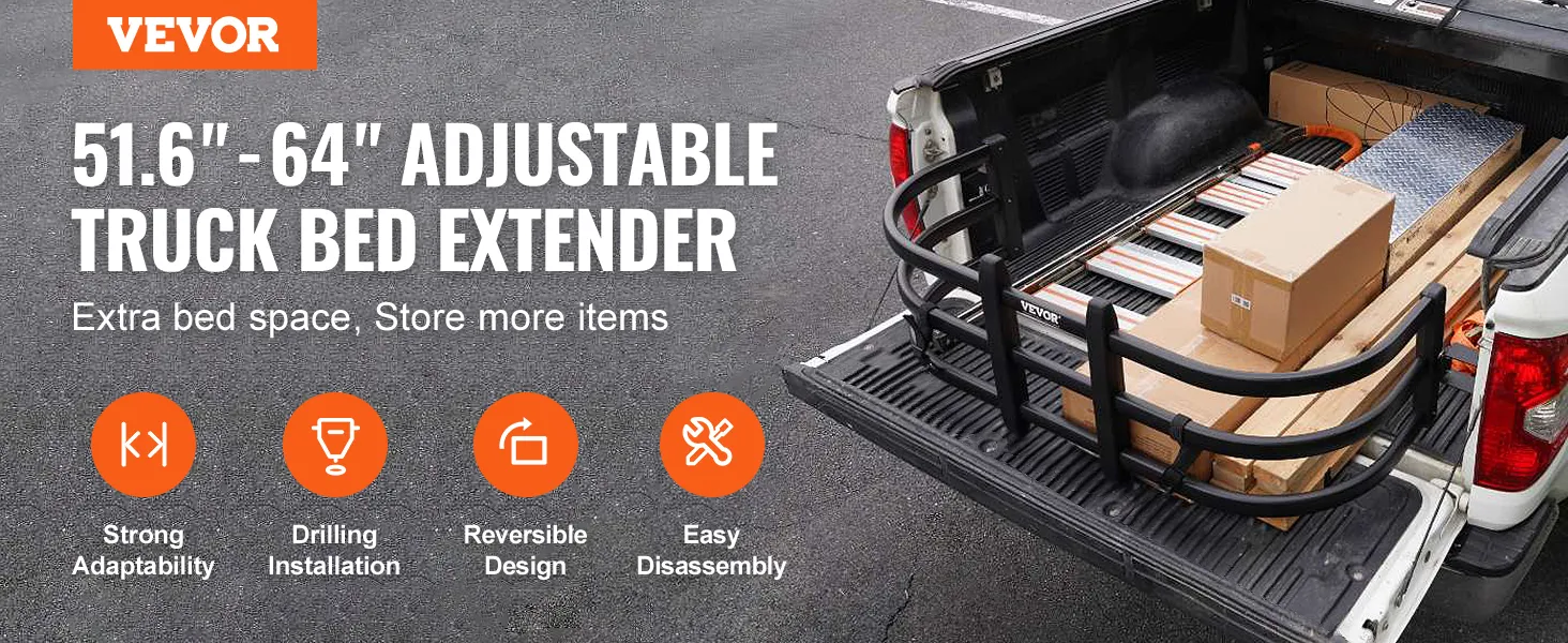 VEVOR truck bed extender, adjustable to 51.6"-64" for increased cargo space in the truck.