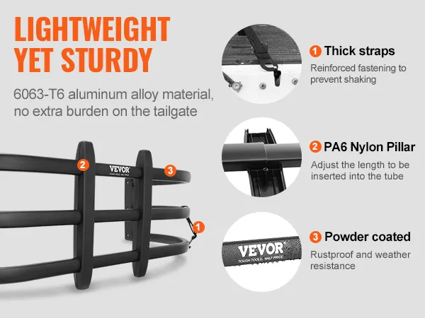 lightweight VEVOR truck bed extender with thick straps, pa6 nylon pillar, and powder-coated finish.