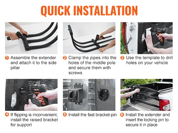 quick installation steps for VEVOR truck bed extender with tools and securing the extender in place.
