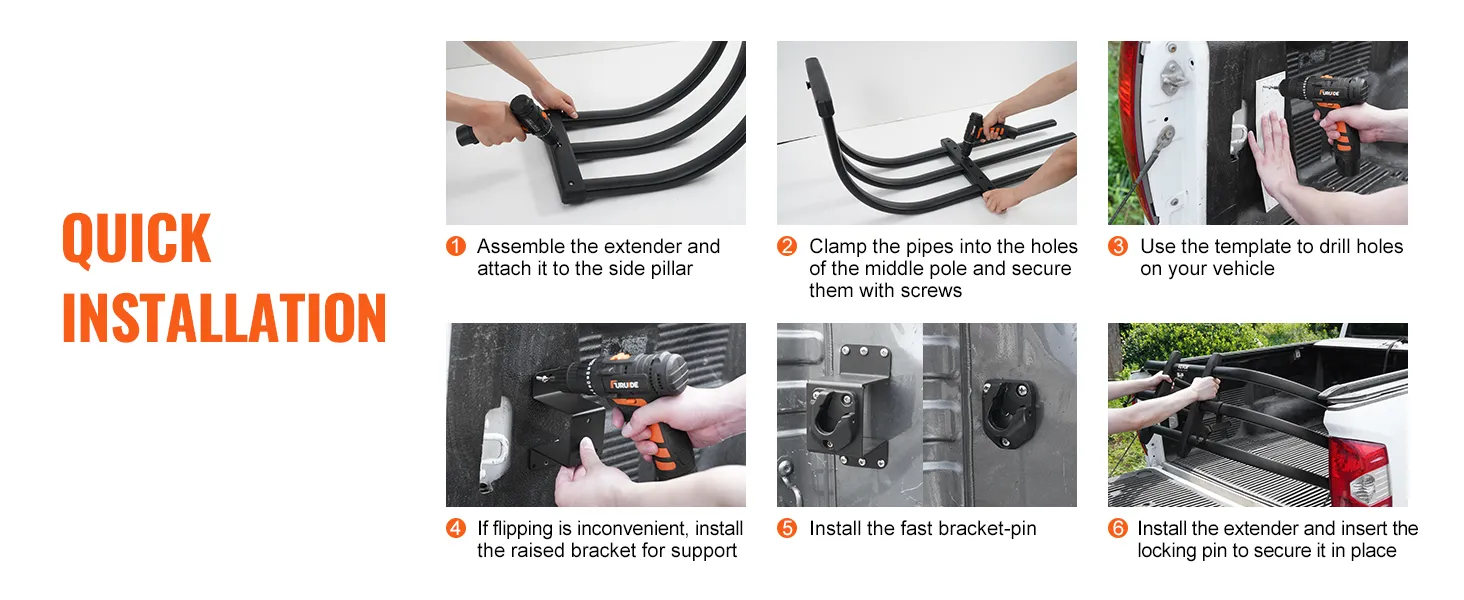 quick installation steps for VEVOR truck bed extender with tools and securing the extender in place.