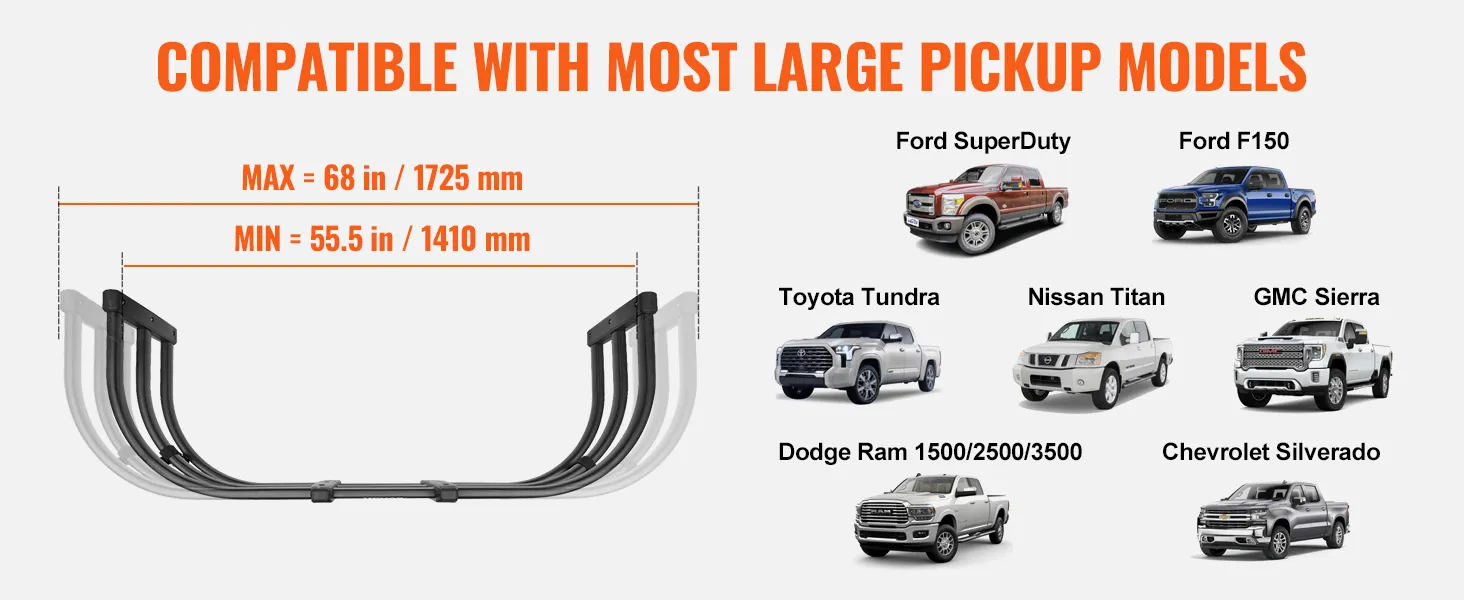 VEVOR truck bed extender compatible with ford, toyota, nissan, gmc, dodge, and chevrolet pickups.