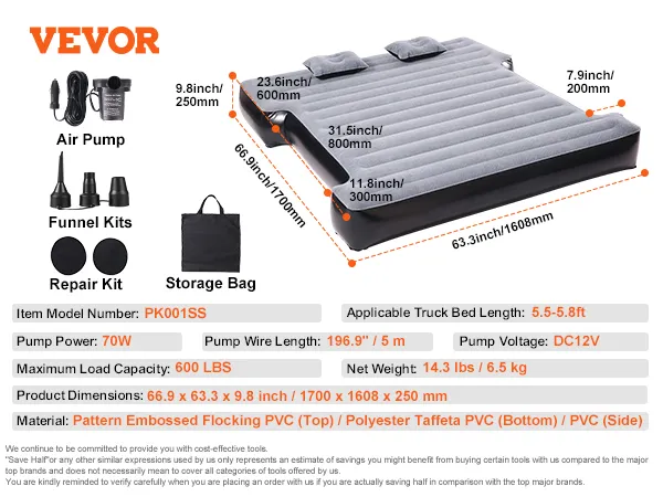 VEVOR-Luftmatratze für die Ladefläche von Lkw, Maße 66,9 x 63,3 x 9,8 Zoll, mit Luftpumpe, Trichter-Kits, Reparatur-Kit und Aufbewahrungstasche.