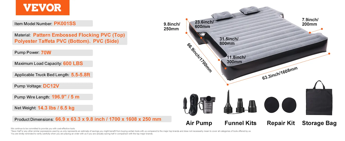 VEVOR-Luftmatratze für die Ladefläche von Lkw, Maße 66,9 x 63,3 x 9,8 Zoll, mit Luftpumpe, Trichter-Kits, Reparatur-Kit und Aufbewahrungstasche.