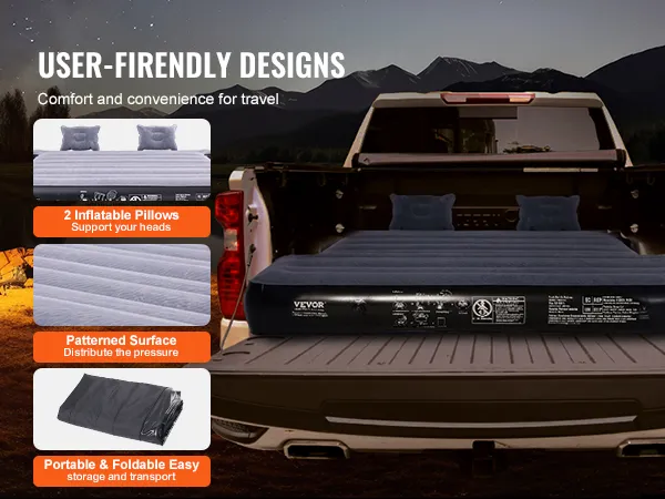 LKW mit VEVOR-Luftmatratze für die Ladefläche, 2 aufblasbaren Kissen, gemusterter Oberfläche und tragbarem Design.