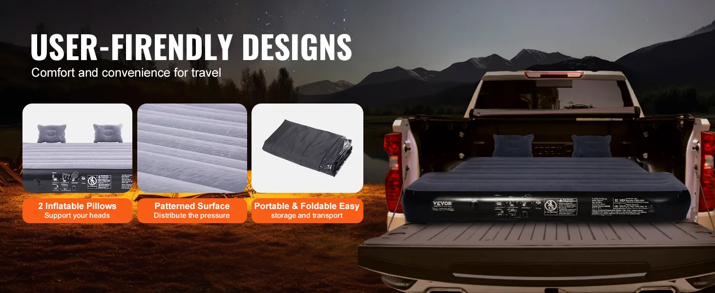 LKW mit VEVOR-Luftmatratze für die Ladefläche, 2 aufblasbaren Kissen, gemusterter Oberfläche und tragbarem Design.