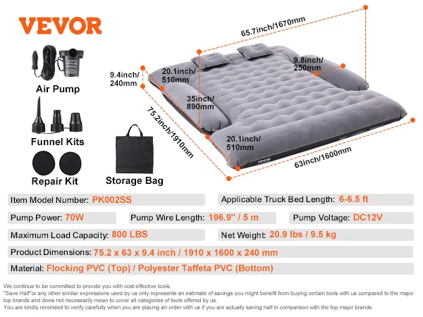 VEVOR-Luftmatratze für die Ladefläche von Lkw, 70-W-Pumpe, 800 lbs Tragkraft, 75,2 x 63 x 9,4 Zoll, inklusive Reparaturset und Tasche.