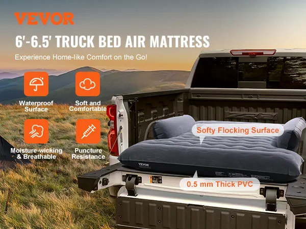 VEVOR-Camping-Aufbau einer Luftmatratze für die Ladefläche eines LKWs mit Sonnenuntergang im Hintergrund, zeigt die wichtigsten Funktionen.