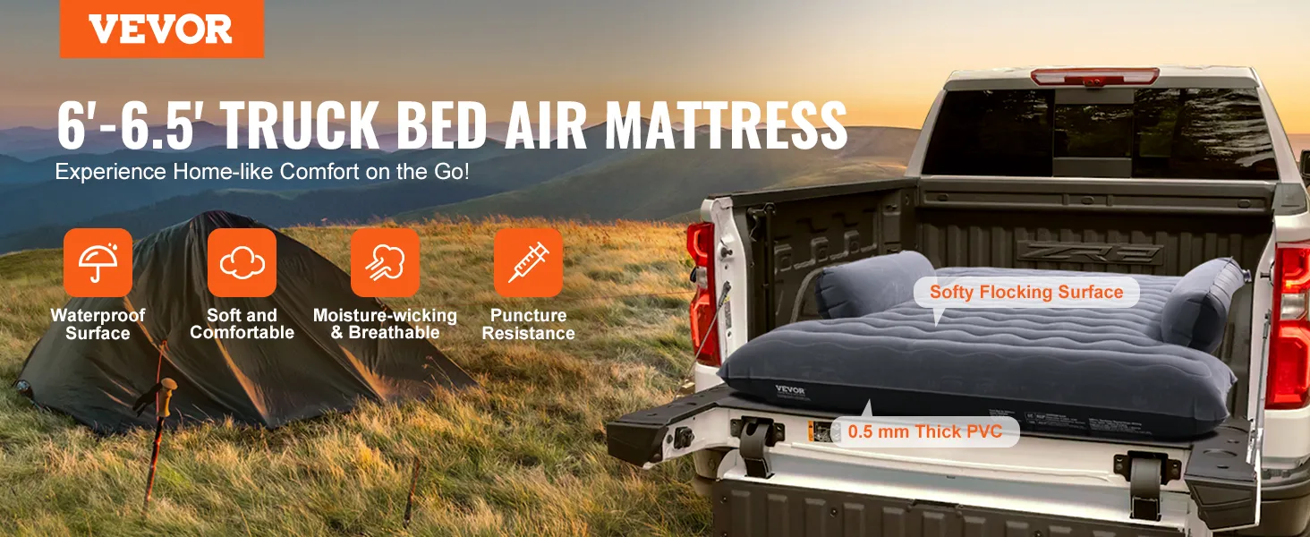 VEVOR-Camping-Aufbau einer Luftmatratze für die Ladefläche eines LKWs mit Sonnenuntergang im Hintergrund, zeigt die wichtigsten Funktionen.