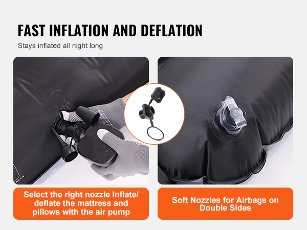 Schnelles Aufblasen und Entleeren der VEVOR-Luftmatratze für die Ladefläche eines LKWs, mit Düsen und Luftpumpenanschluss.