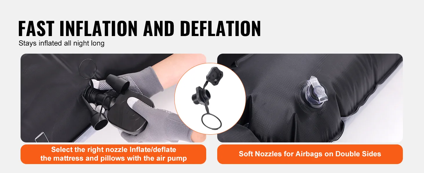 Schnelles Aufblasen und Entleeren der VEVOR-Luftmatratze für die Ladefläche eines LKWs, mit Düsen und Luftpumpenanschluss.