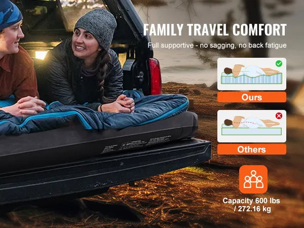 Familie genießt die VEVOR-Luftmatratze für die Ladefläche ihres Trucks für bequemes Reisen, 360 kg Tragkraft, stützendes Design.