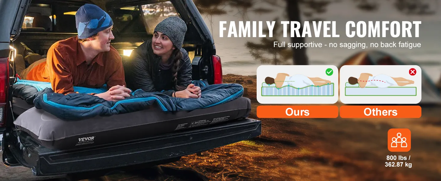 Familie genießt die VEVOR-Luftmatratze für die Ladefläche ihres Trucks für bequemes Reisen, 360 kg Tragkraft, stützendes Design.