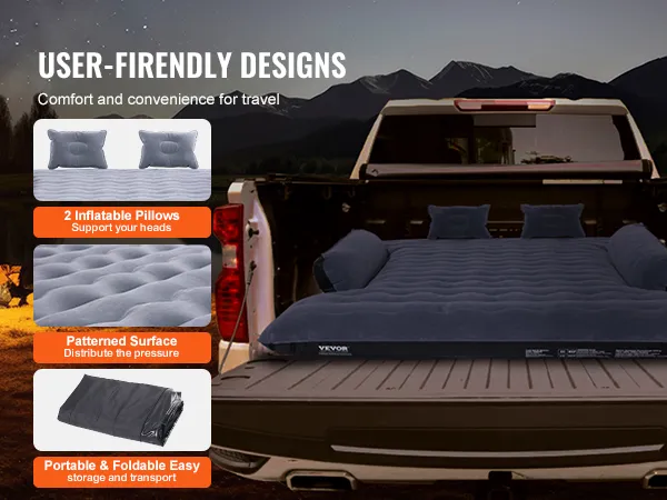 benutzerfreundliche VEVOR-Luftmatratze für die Ladefläche von Lkw mit 2 aufblasbaren Kissen, gemusterter Oberfläche und faltbarem Design.