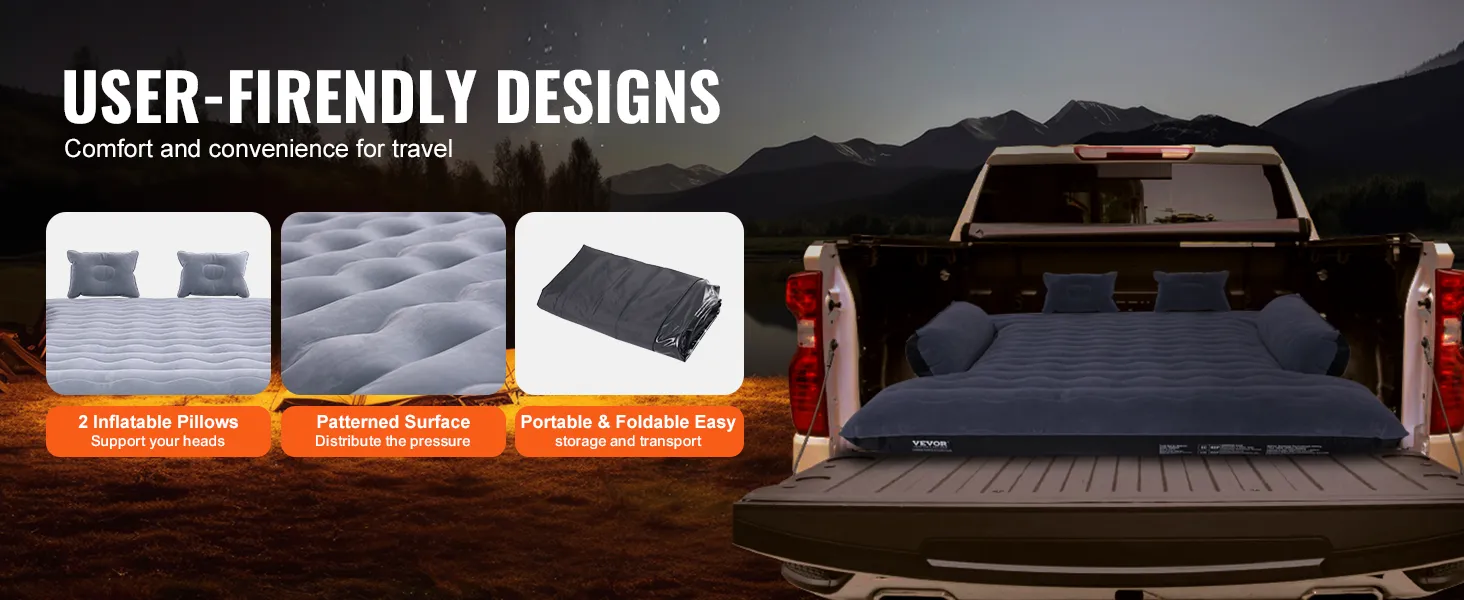 benutzerfreundliche VEVOR-Luftmatratze für die Ladefläche von Lkw mit 2 aufblasbaren Kissen, gemusterter Oberfläche und faltbarem Design.