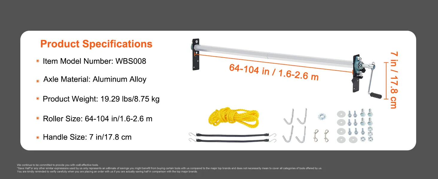 VEVOR hand crank tarp roller kit specifications with model wbs008 and aluminum alloy axle material.