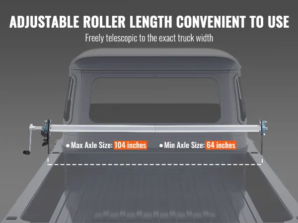 adjustable VEVOR hand crank tarp roller kit, axle size: 64 to 104 inches for exact truck width.