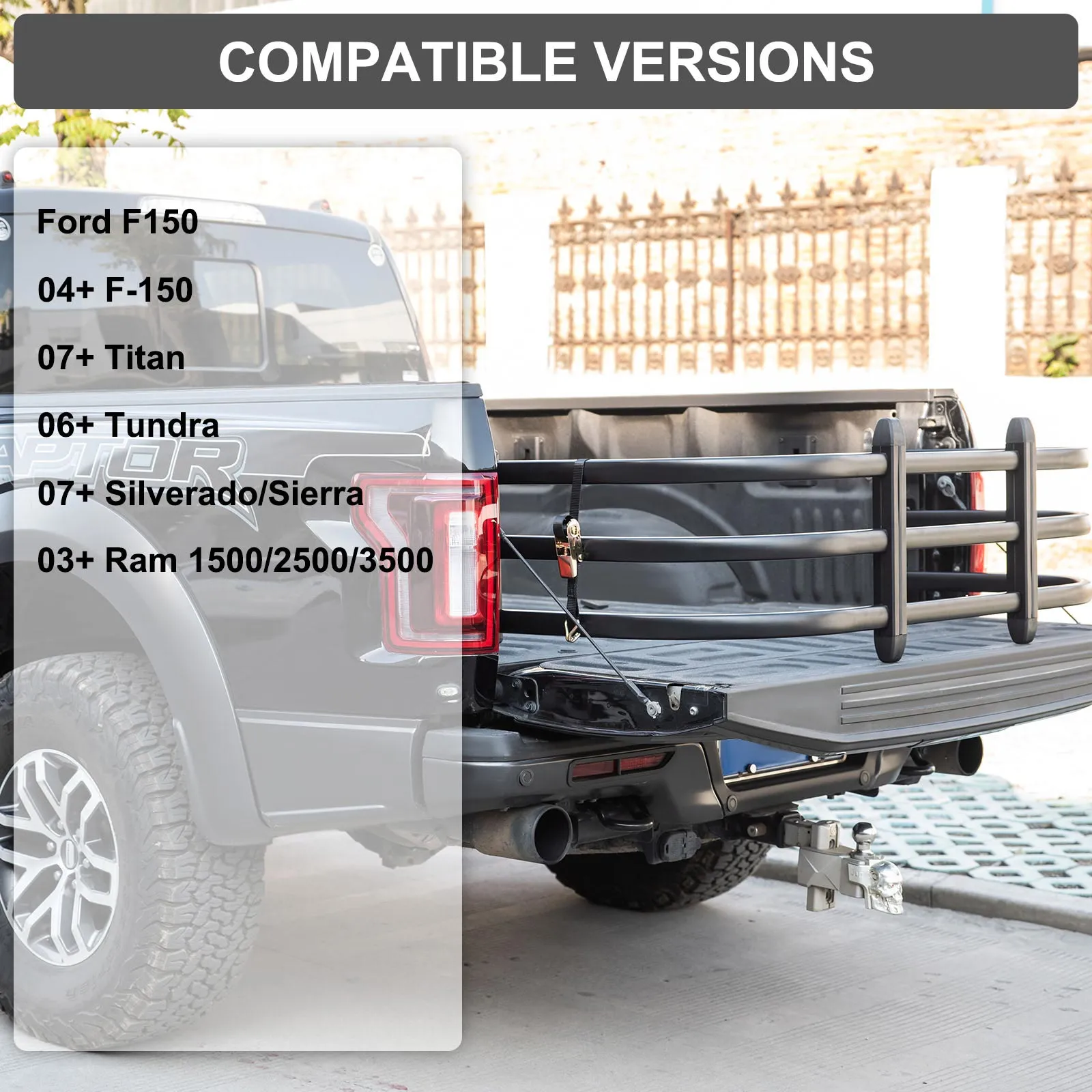Extensor de caja de camioneta VEVOR en una Ford F-150 con detalles de compatibilidad mostrados.