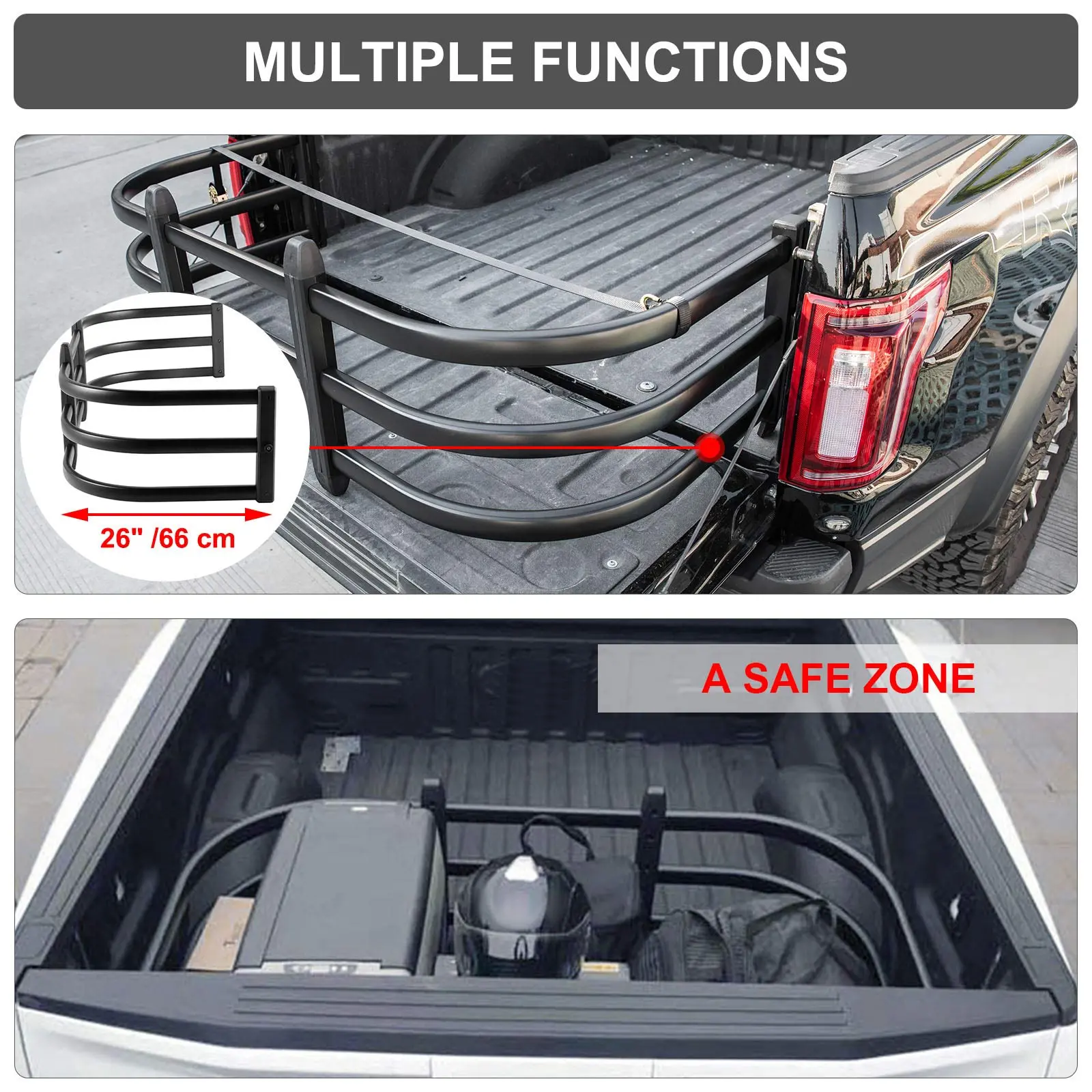 Extensor de plataforma de camión VEVOR en uso, mostrando múltiples funciones para un transporte de carga seguro.