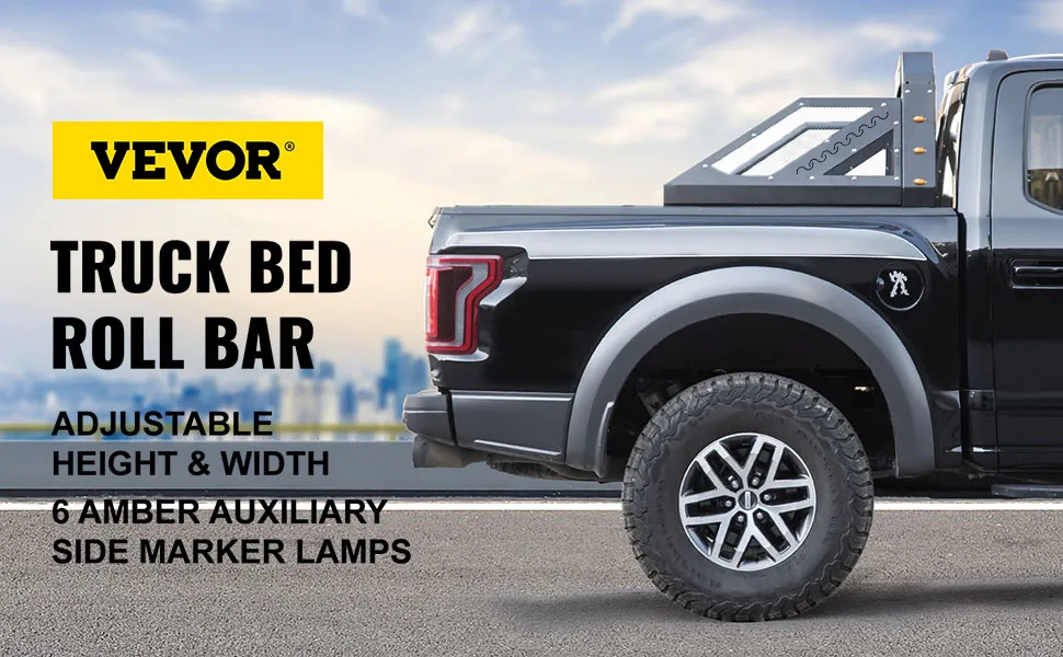 VEVOR truck roll bar on a black pickup truck with cityscape background.