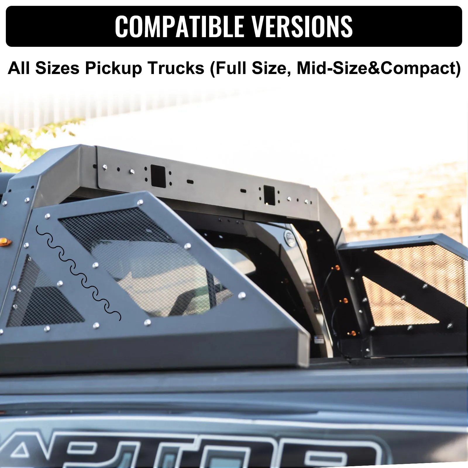 VEVOR truck roll bar on a black pickup with a rugged, reinforced design.