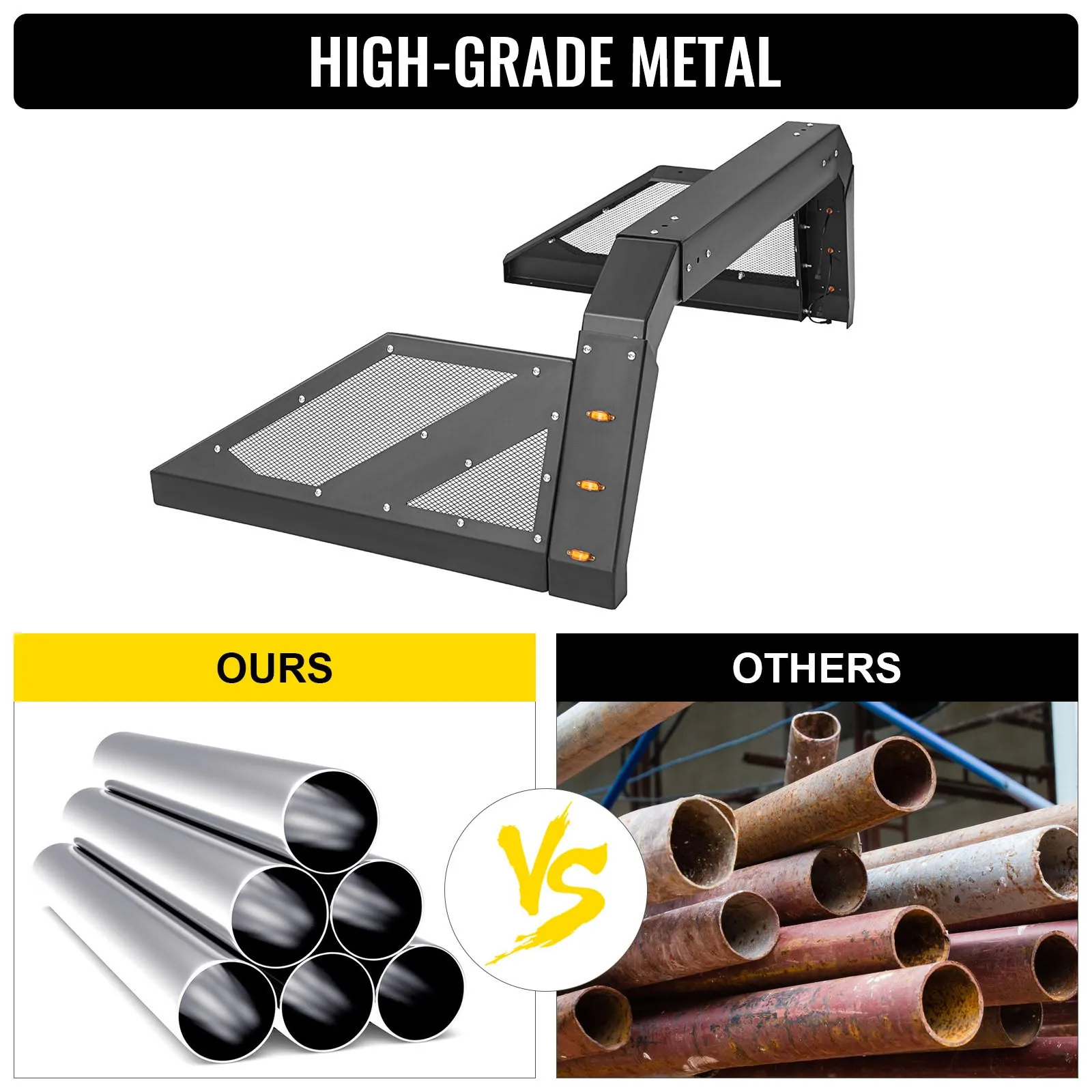 VEVOR truck roll bar made of high-grade metal vs rusty metal pipes comparison.