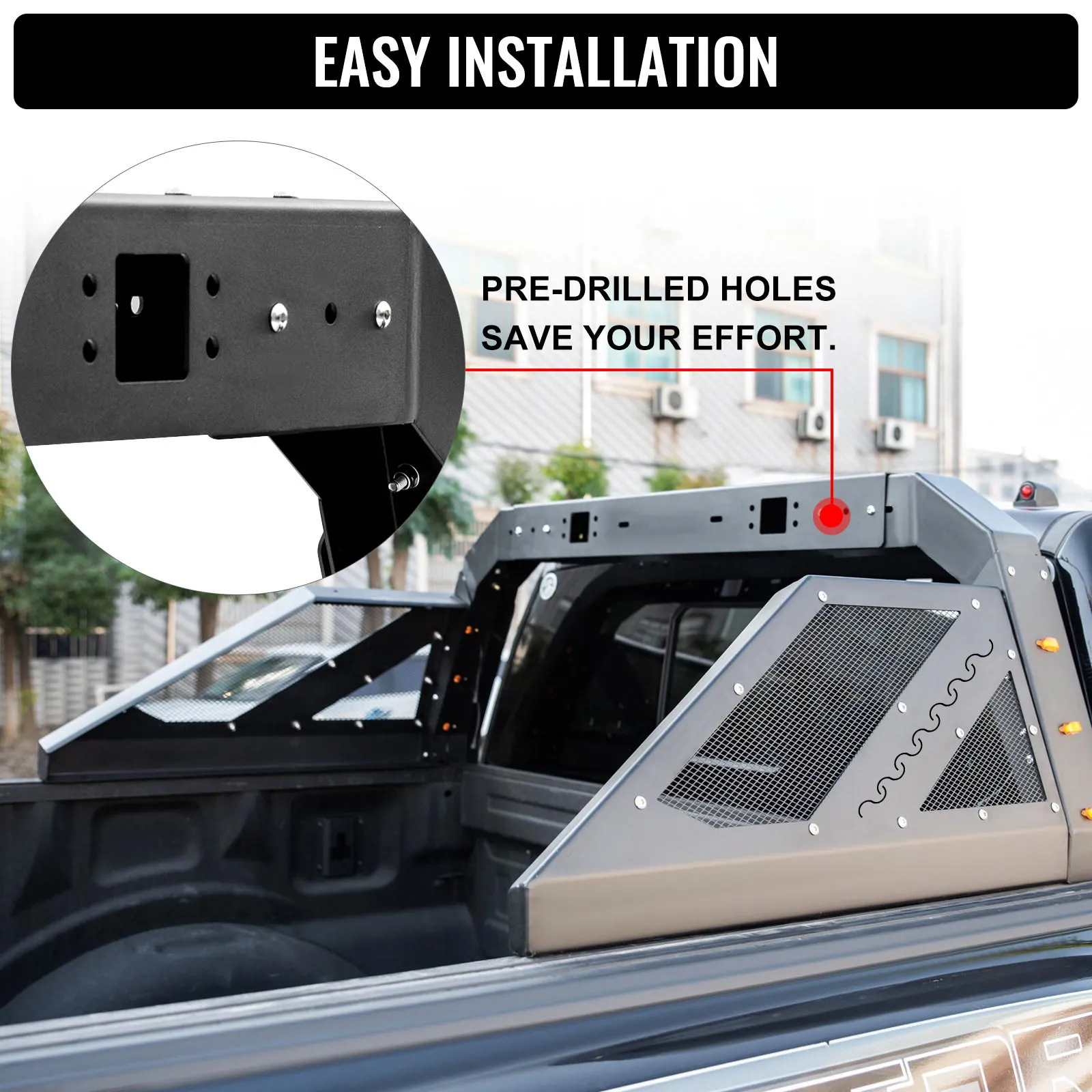 VEVOR truck roll bar with pre-drilled holes for easy installation in a pickup truck.