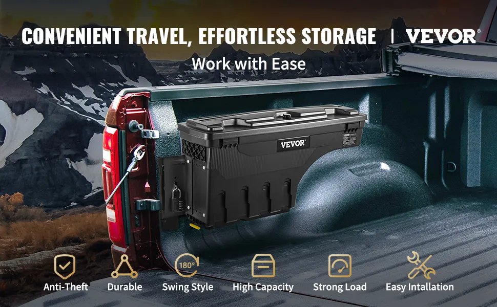 VEVOR truck bed storage box in truck, highlighting anti-theft, durable, swing style, high capacity, and easy installation.