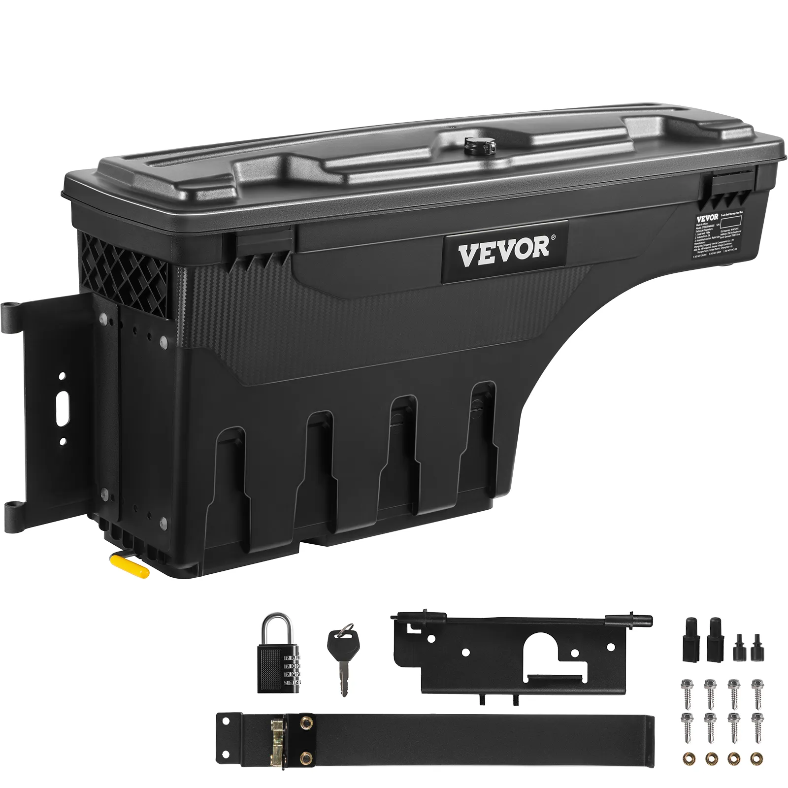 black VEVOR truck bed storage box with mounting hardware, lock, and key set displayed.