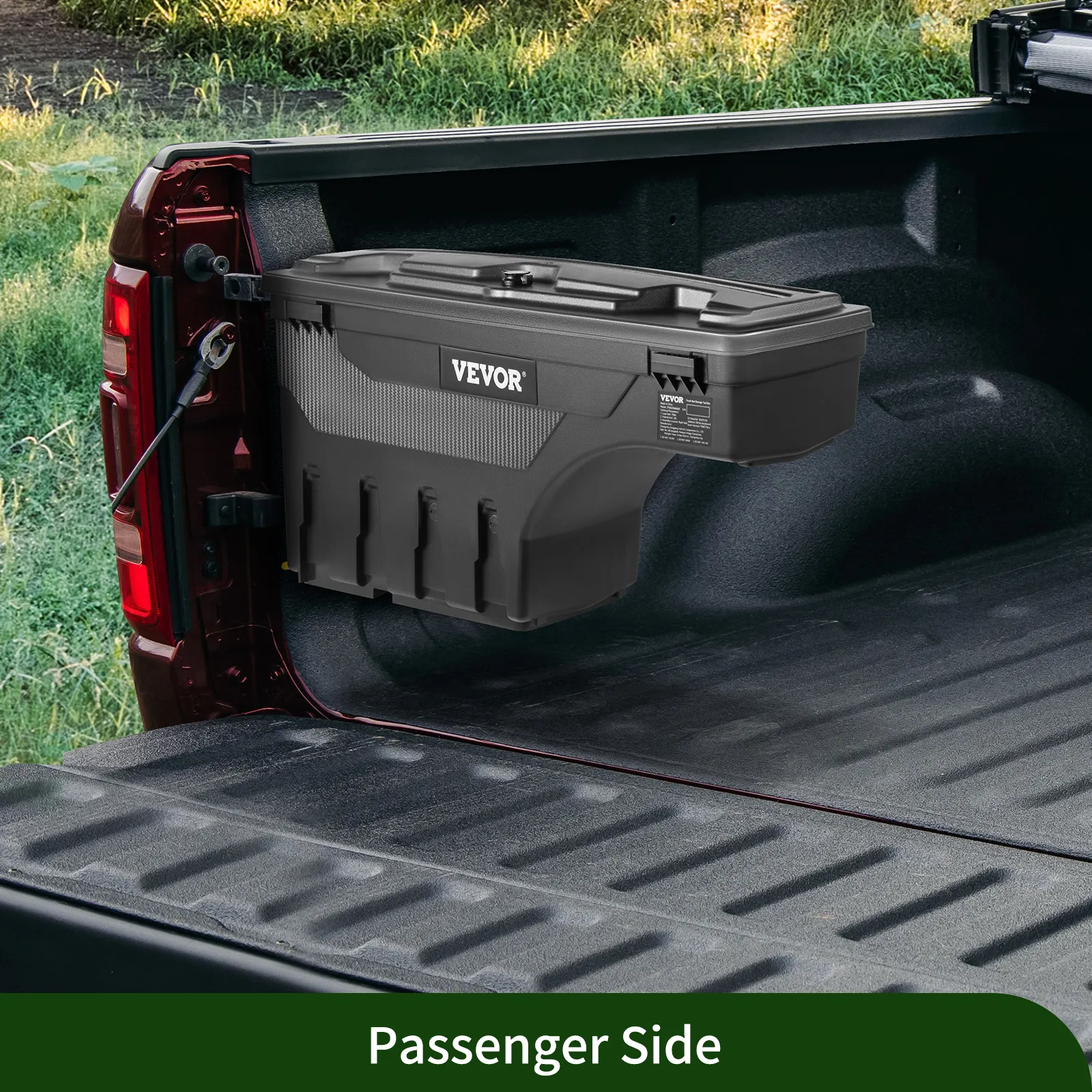 VEVOR truck bed storage box securely mounted on the passenger side of a red truck bed.