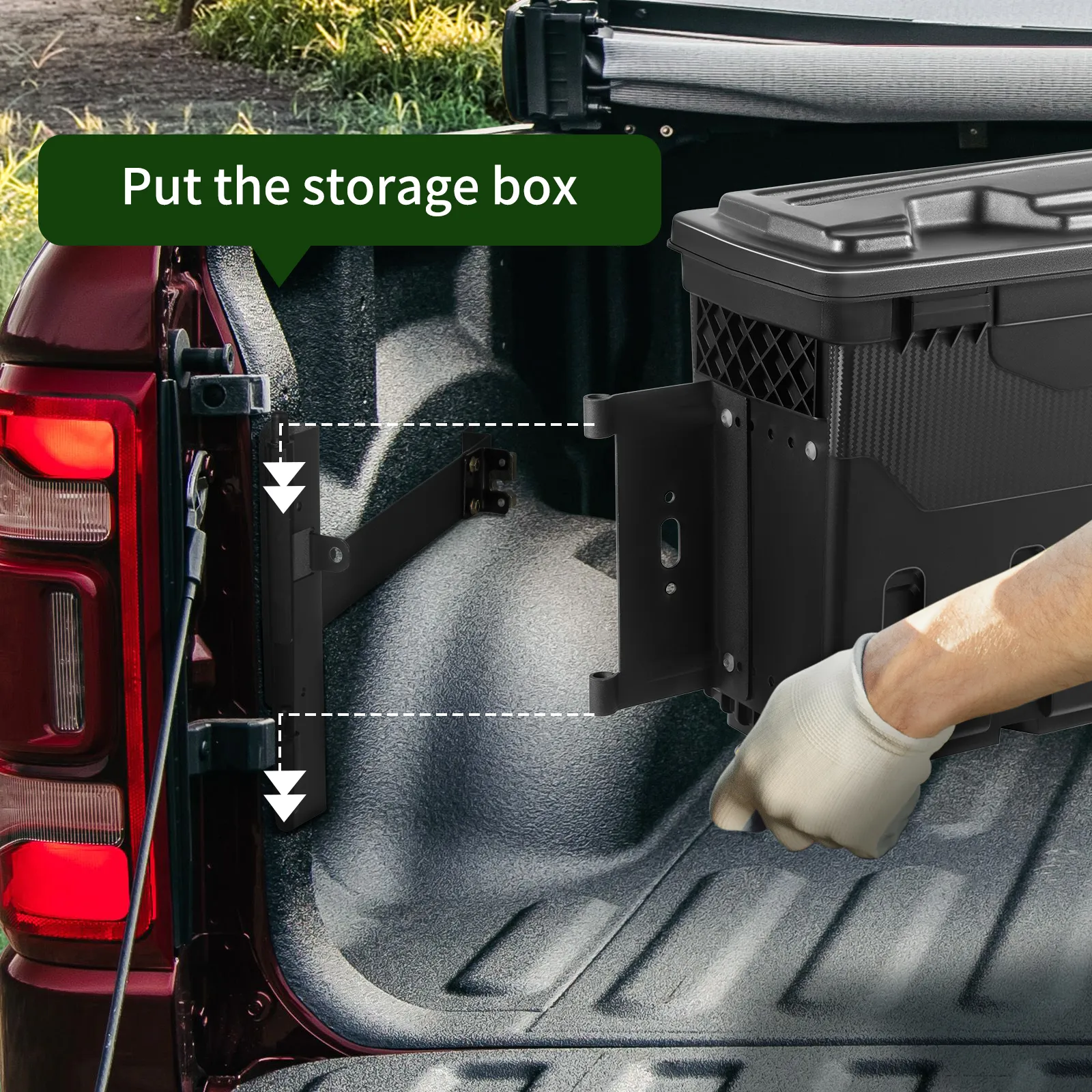 installing a VEVOR truck bed storage box in a pickup truck with a gloved hand for secure cargo organization.