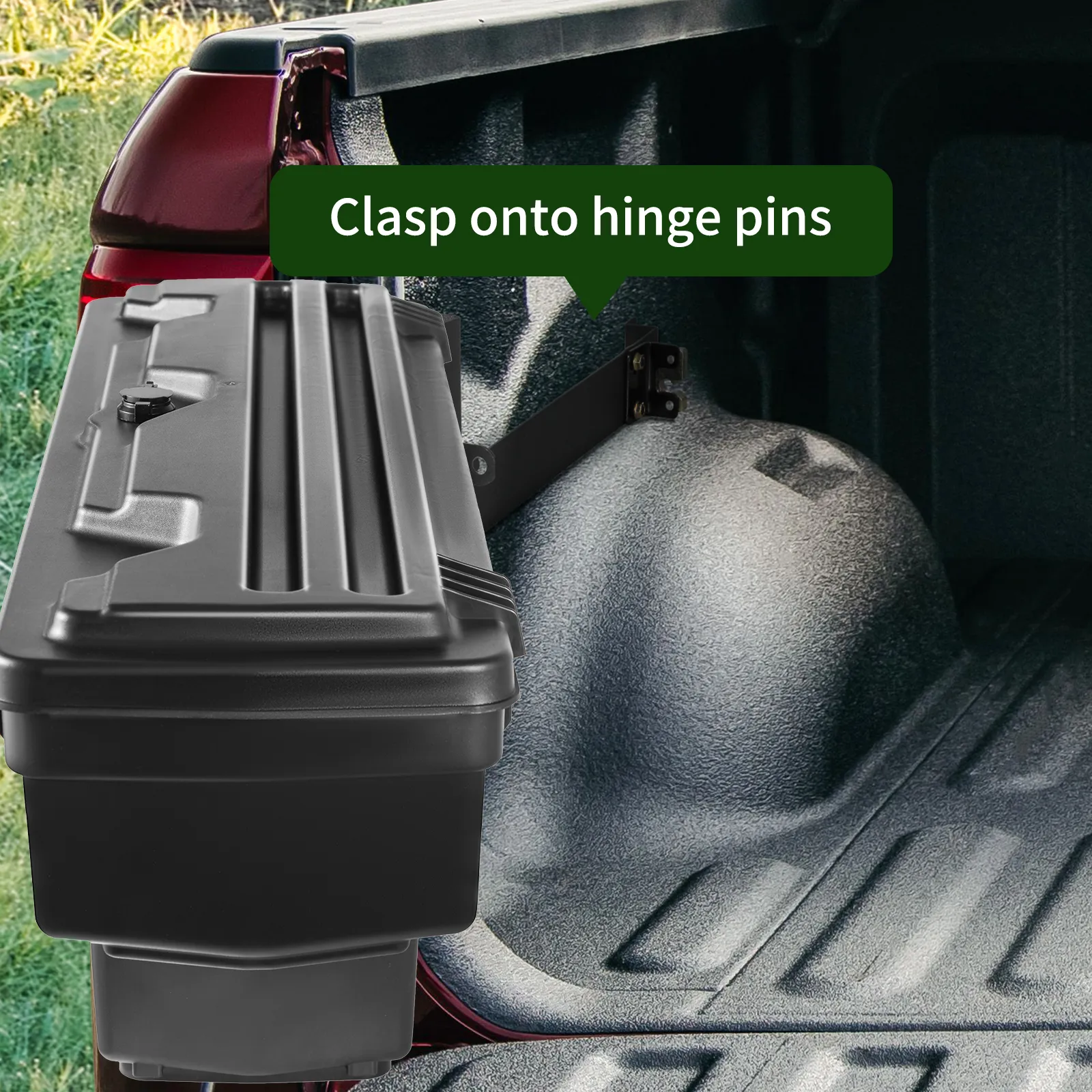 VEVOR truck bed storage box securely mounted to hinge pins in the rear of a red truck.