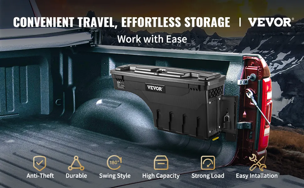 VEVOR truck bed storage box installed in a truck, highlighting anti-theft, durable, and high capacity features.
