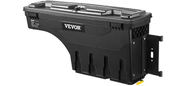 black VEVOR truck bed storage box with lockable lid and mounted bracket for secure transport.