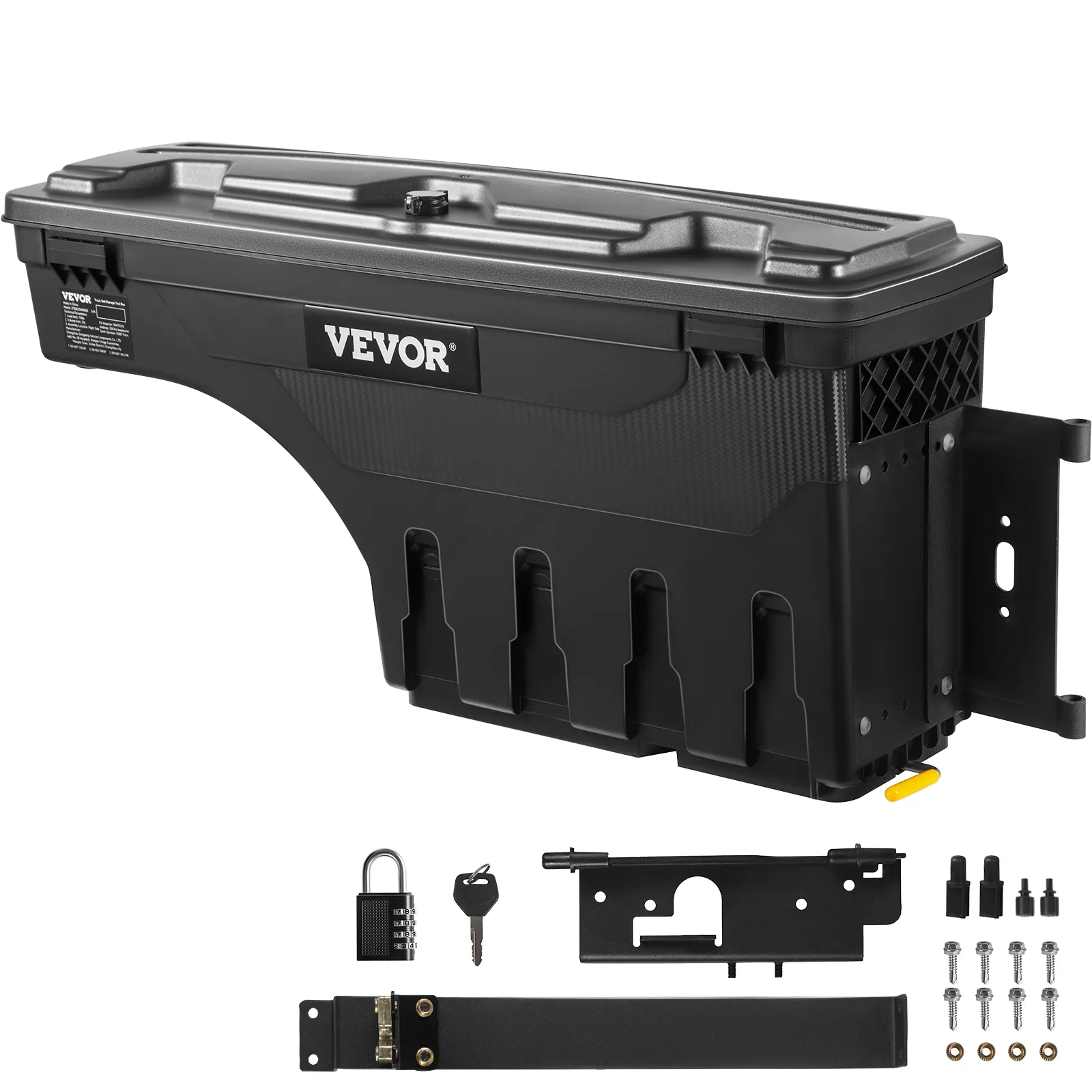 VEVOR truck bed storage box, black, with installation hardware, lock, and key set.