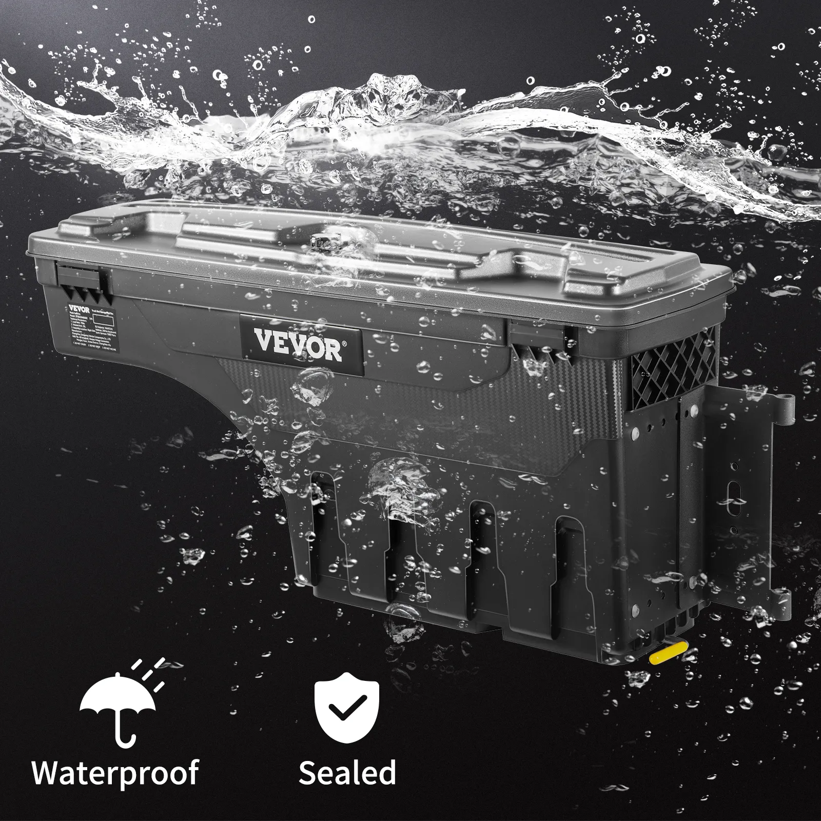 VEVOR truck bed storage box waterproof and sealed, ensuring protection against water with splashing effects.