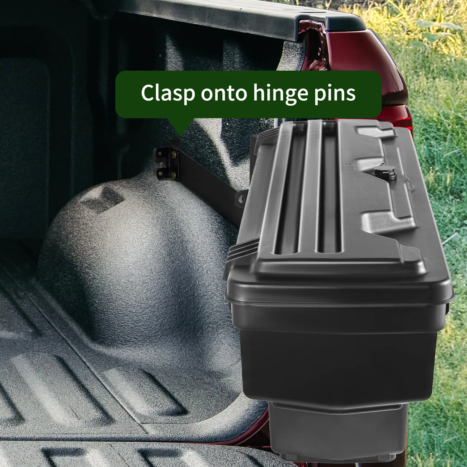 VEVOR truck bed storage box clasped onto hinge pins in a red truck bed.