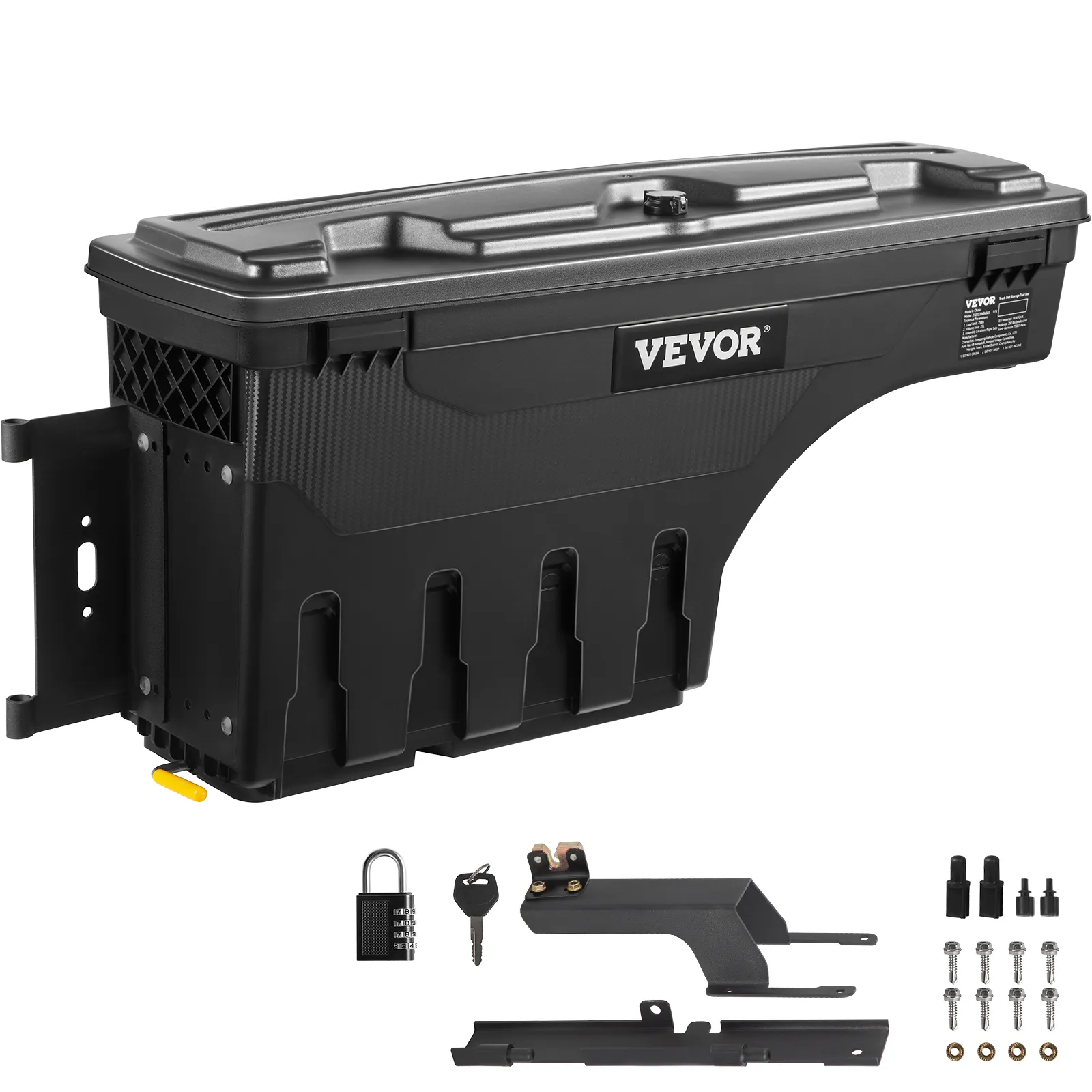 VEVOR ford f150 truck bed storage box, black, with lock, key, and mounting hardware set.