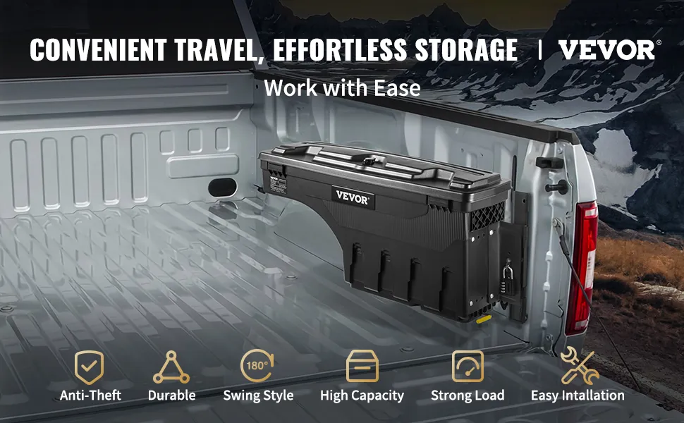 VEVOR truck bed storage box in a pickup truck bed with anti-theft, durable, and high capacity features.