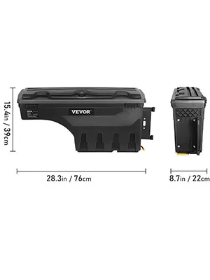 VEVOR truck bed storage box with dimensions: 28.3in x 15.4in x 8.7in. black, durable, and versatile.