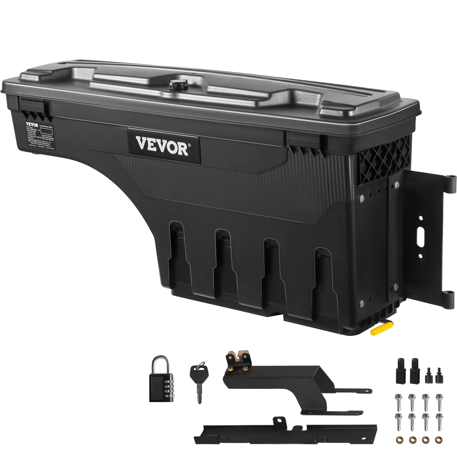 VEVOR truck bed storage box with lock, mounting hardware, and installation accessories.