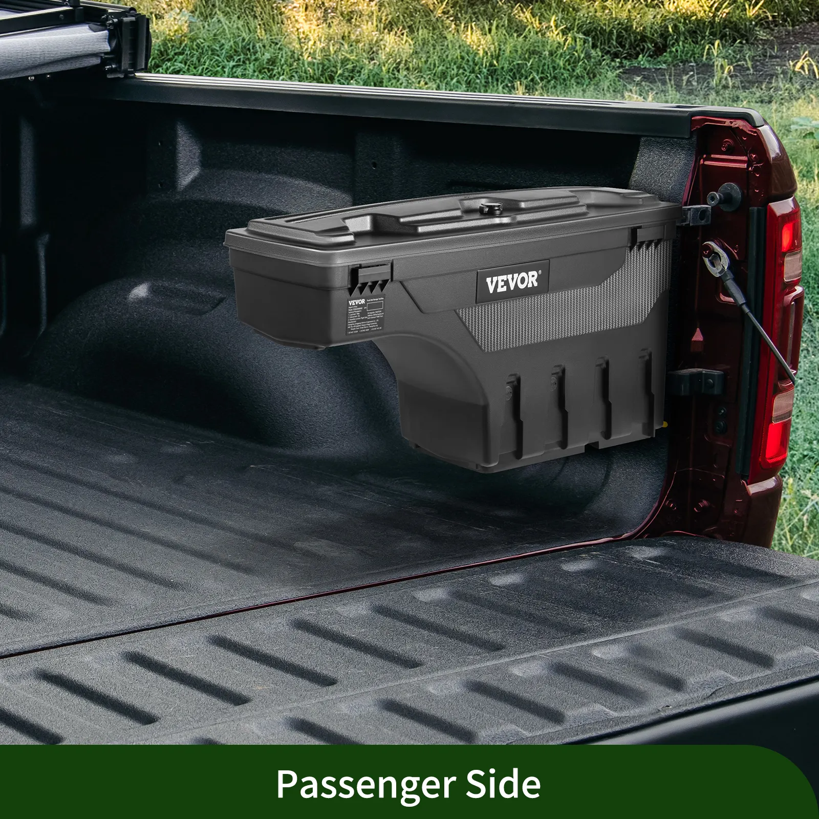 VEVOR truck bed storage box mounted on the passenger side of a red pickup truck’s bed for organized storage.