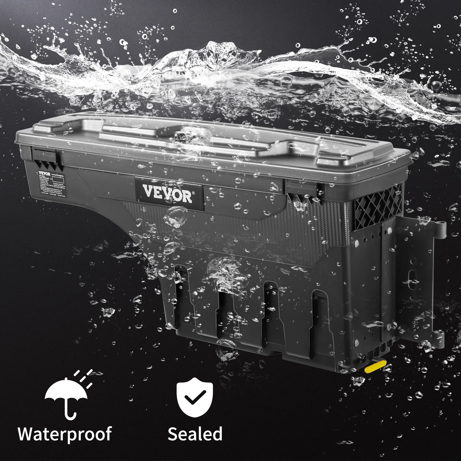 VEVOR truck bed storage box, waterproof and sealed with water splashing over it.
