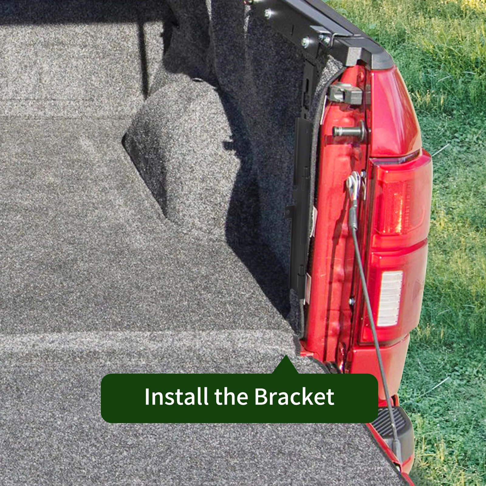 installing bracket for VEVOR truck bed storage box on red truck, close-up on tailgate area.