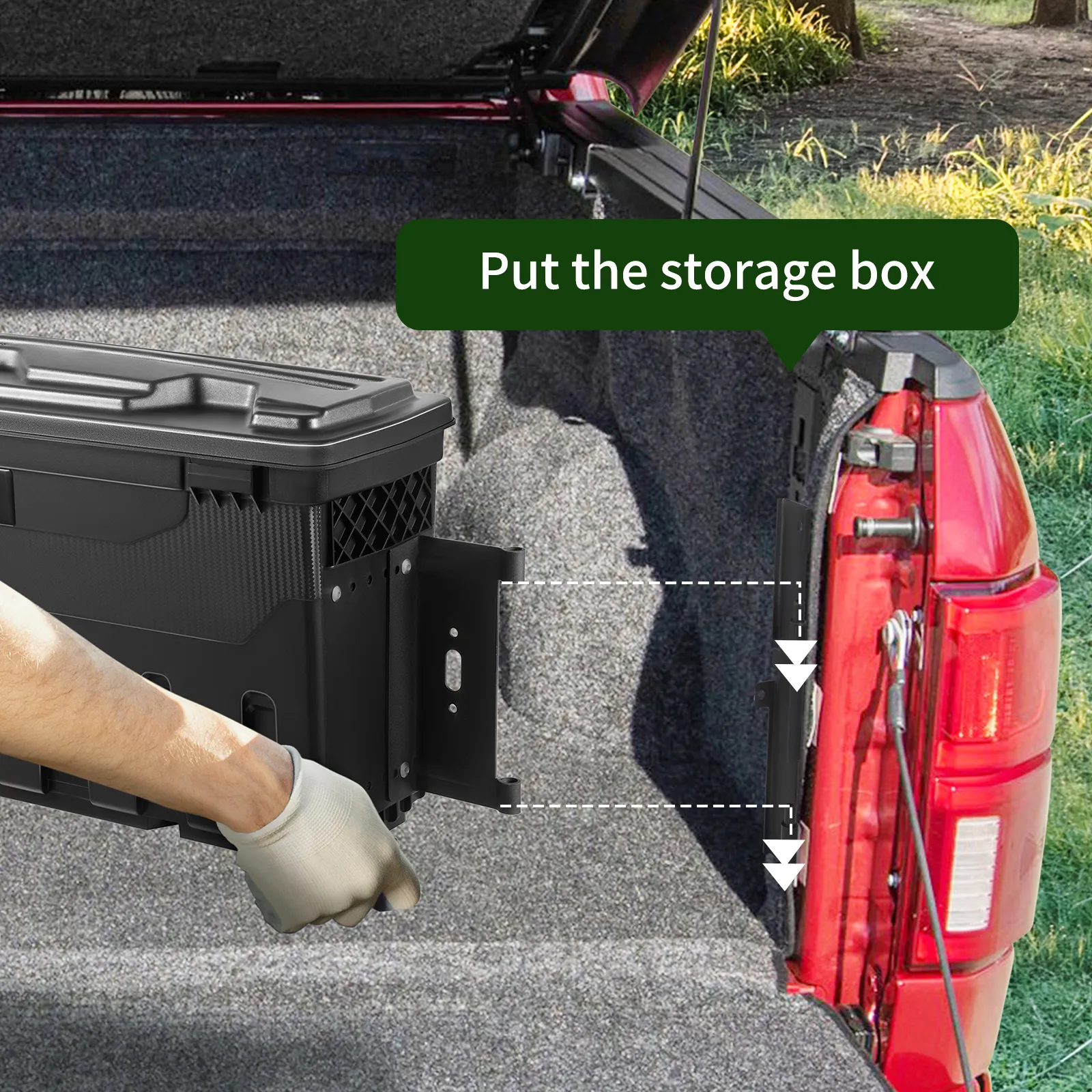 installing VEVOR truck bed storage box in a red truck bed with detailed mounting diagrams.