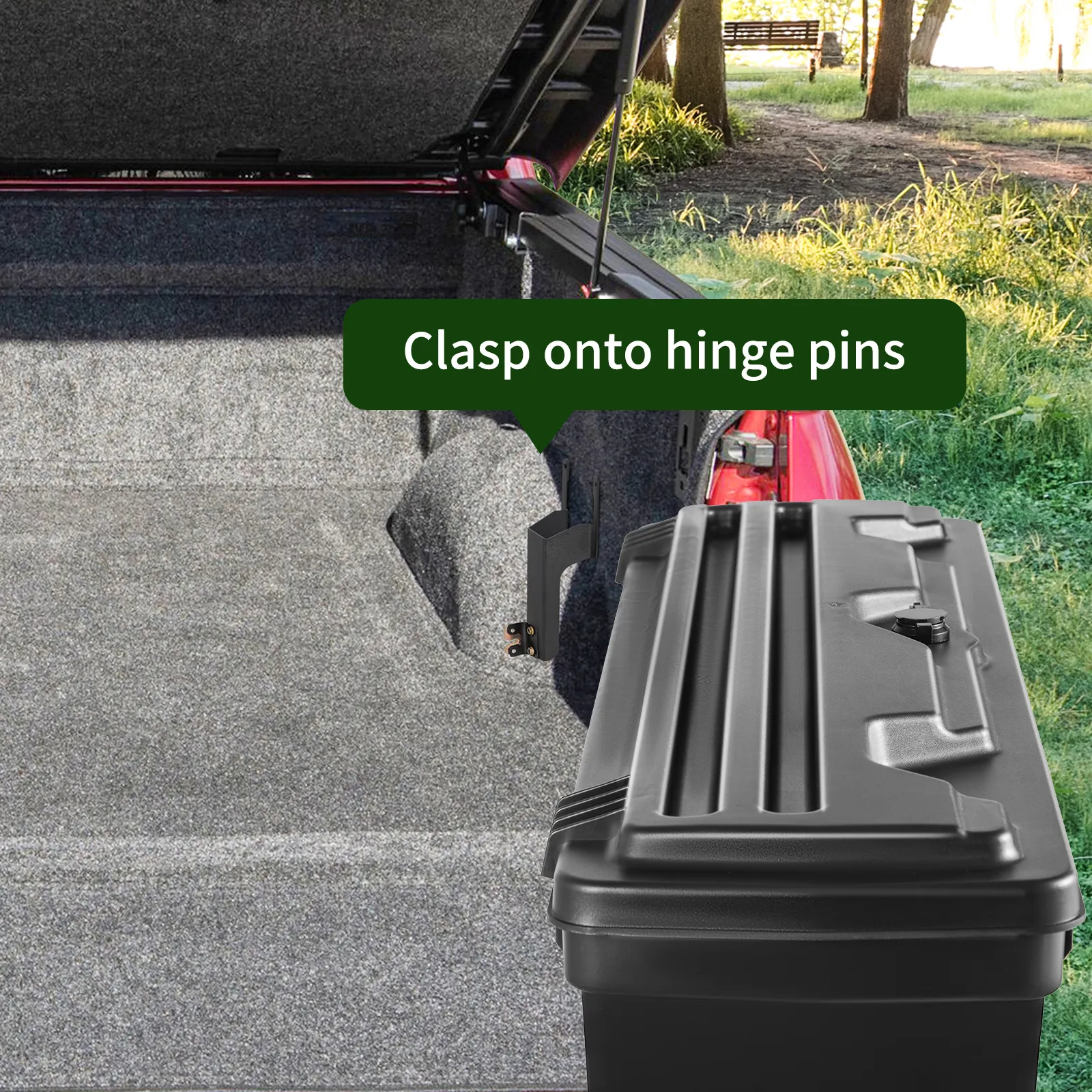 truck bed with VEVOR truck bed storage box and hinge pin clasp, lined interior, outdoors.