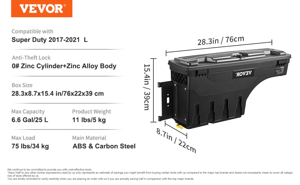 VEVOR truck bed storage box for super duty 2017-2021, abs and zinc alloy, max load 75 lbs.