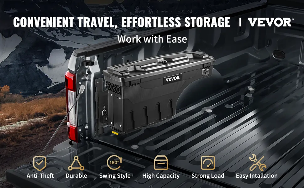 VEVOR truck bed storage box in a truck bed with durable, anti-theft, and high-capacity features.