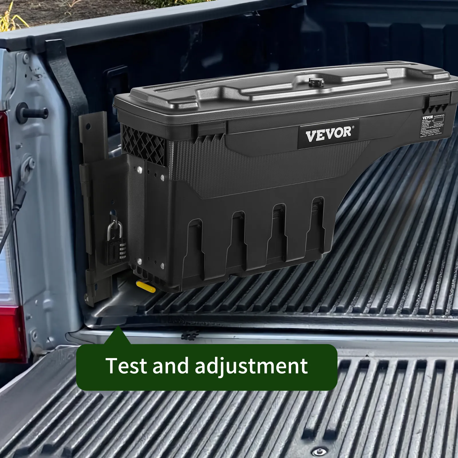 VEVOR truck bed storage box securely mounted in a truck bed, highlighted for test and adjustment.