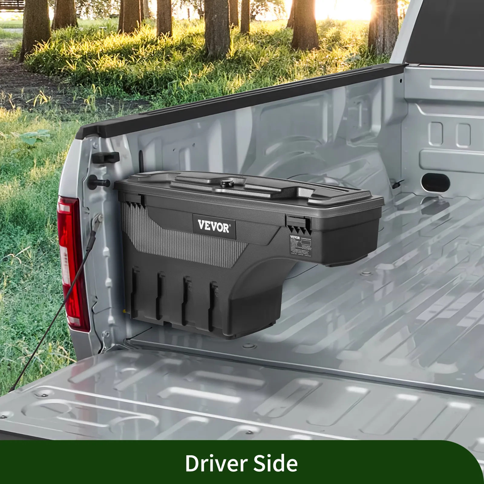 VEVOR truck bed storage box mounted on the driver's side of a silver pickup truck bed.